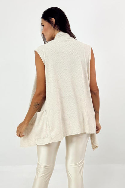 Cardigan Feminino sem Mangas com Bolsos – Canelado Ponta