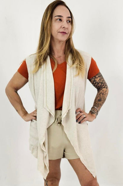 Cardigan Feminino sem Mangas com Bolsos – Canelado Ponta
