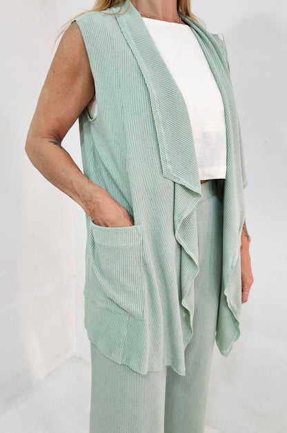 Cardigan Feminino sem Mangas com Bolsos – Canelado Ponta