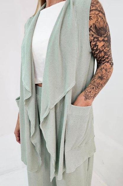 Cardigan Feminino sem Mangas com Bolsos – Canelado Ponta