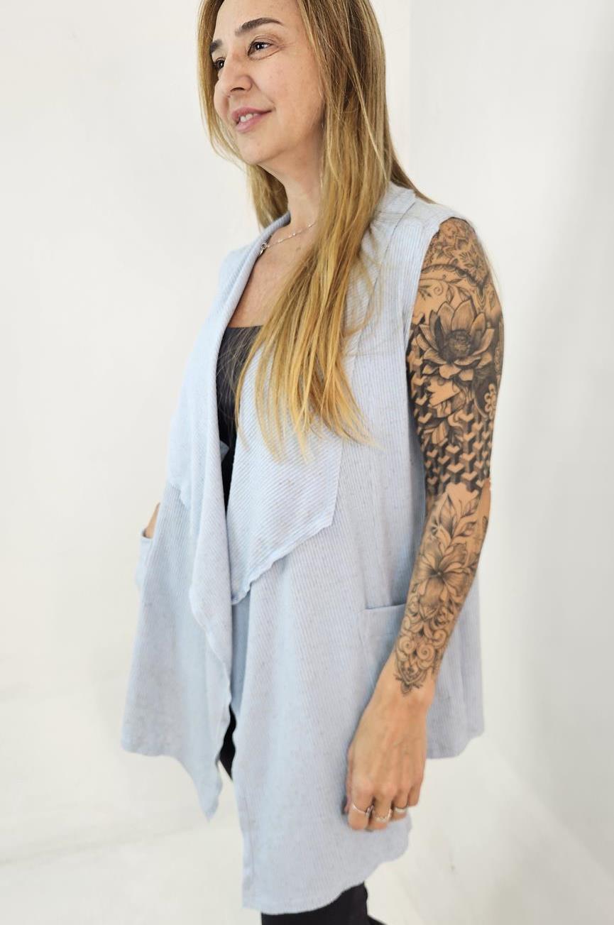 Cardigan Feminino sem Mangas com Bolsos – Canelado Ponta
