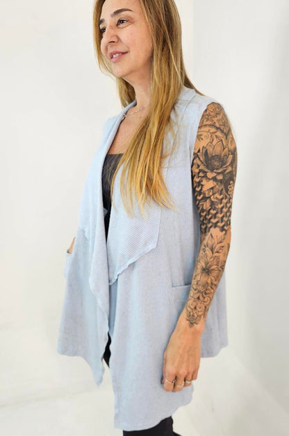 Cardigan Feminino sem Mangas com Bolsos – Canelado Ponta
