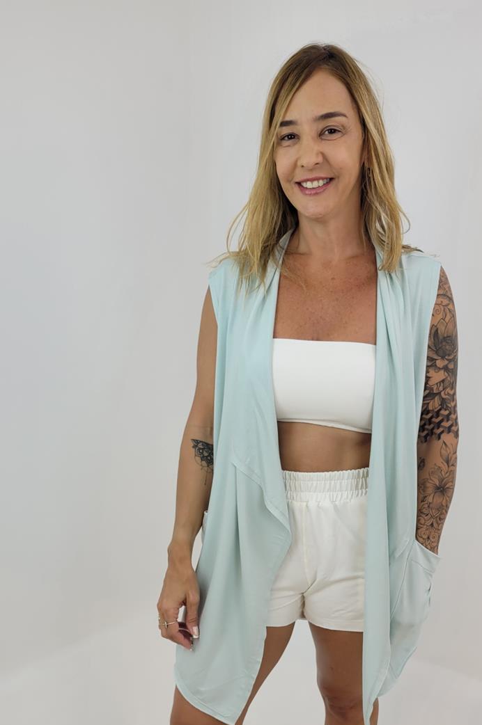 Cardigan Feminino Longo Sem Manga com Pontas Azul Claro